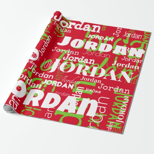 繰り返し名パターングリーンホワイトレッドクリスマス ラッピングペーパー (アンロールド)