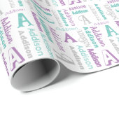 繰り返し名前&イニシャルグレーパープルティール（緑がかった色）ギフト ラッピングペーパー (ロールコーナー)