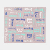 繰り返し名前&イニシャルグレーブルーネイビー フリースブランケット (正面(横))