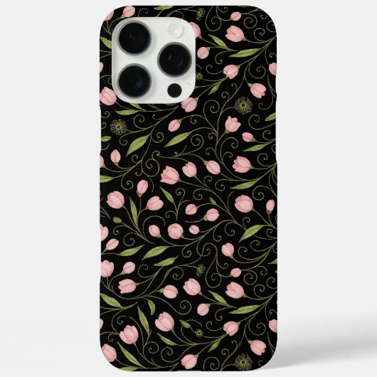繰り返し模様の黒の可愛いピンクの花 Case-Mate iPhoneケース (裏面)
