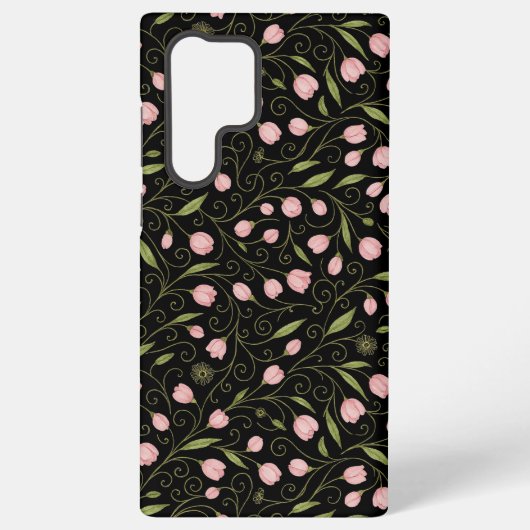 繰り返し模様の黒の可愛いピンクの花 SAMSUNG GALAXYケース (裏面)