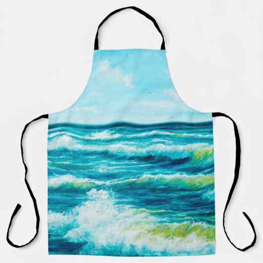 缶の上に海や海の波を描く油絵 エプロン (正面)