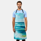 缶の上に海や海の波を描く油絵 エプロン (着用した状態)