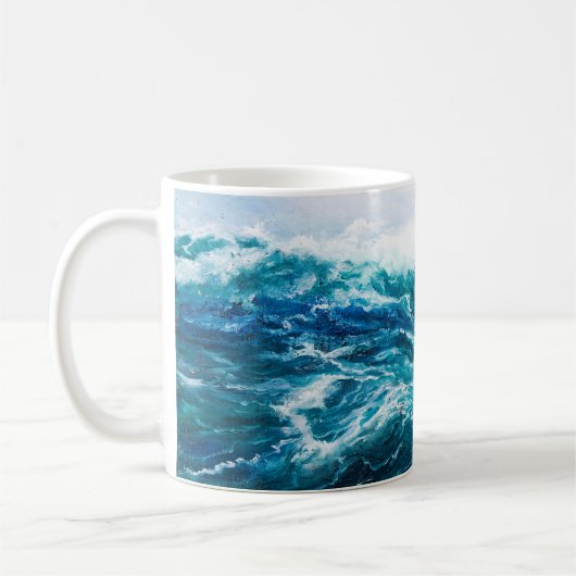 缶の上に海や海の波を描く油絵 コーヒーマグカップ (左)