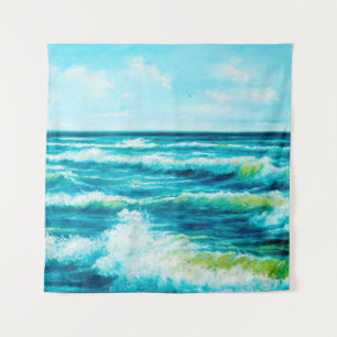 缶の上に海や海の波を描く油絵 タペストリー