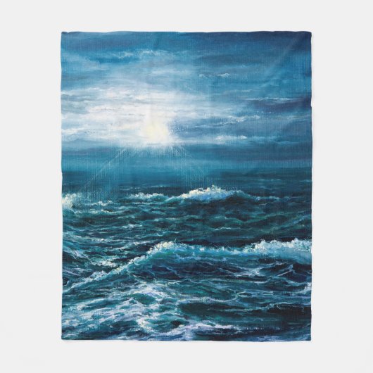 缶の上に海や海の波を描く油絵 フリースブランケット (正面)