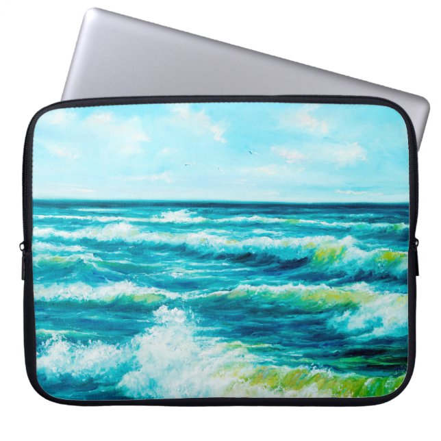 缶の上の海や海の波を示す油絵 ラップトップスリーブ (正面)