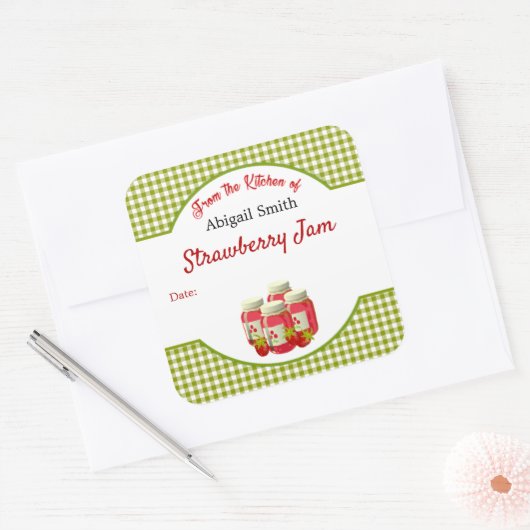 缶詰のイチゴのギンガムスクエアステッカー スクエアシール (封筒)