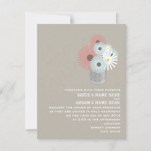 缶詰の桃と青い花のウェディング招待状 招待状 (正面)