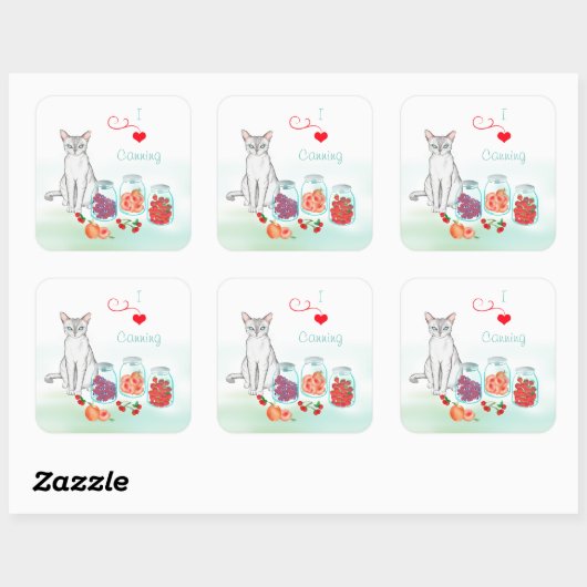 缶詰フルーツの入ったメイソンジャーを持つ気品ある猫のステッカー スクエアシール (シート)