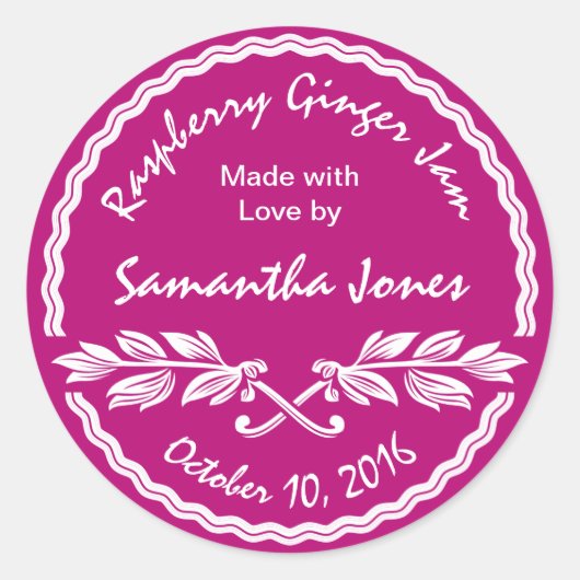 缶詰ラベルピンクと白クラシックのジャム/ゼリー ラウンドシール (正面)