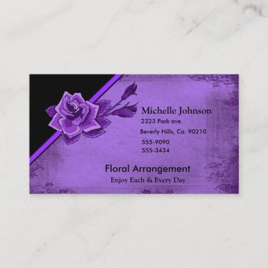 置かれる昔の紫色のバラの花柄 名刺 (正面)