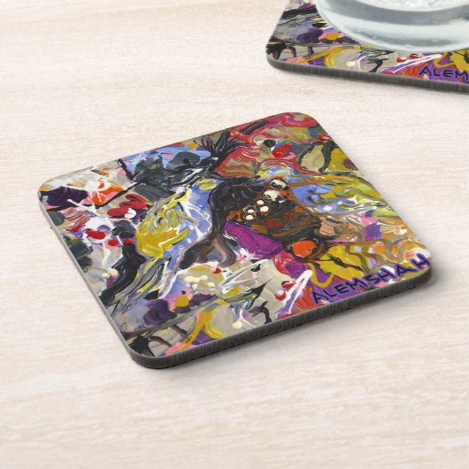 置かれるAlemshahの抽象的なコースター-アオカケス コースター (左側)