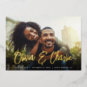 署モダン名 |写真独身の日付の保存 箔招待状 (正面)