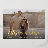 署モダン名 |写真独身の日付の保存 箔招待状 (正面)