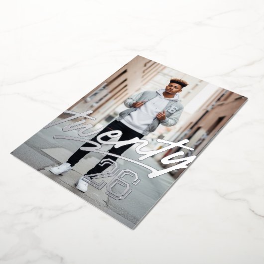 署名はっきりした卒業 | 写真男らしの卒業 箔招待状 (回転した状態)