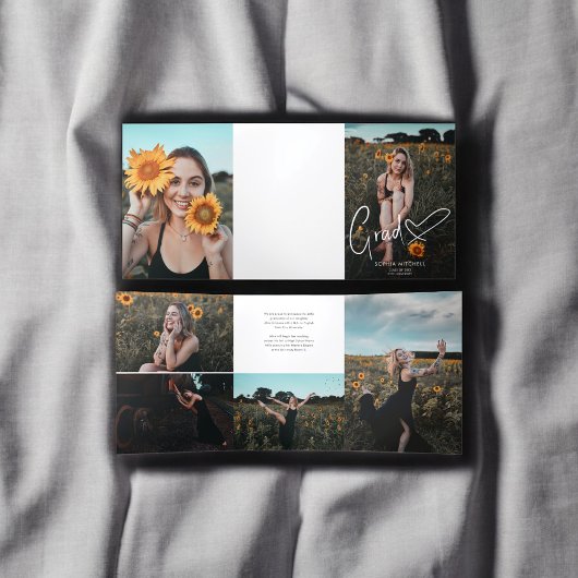 署名ガーリーハート写真の卒業 三つ折り招待状