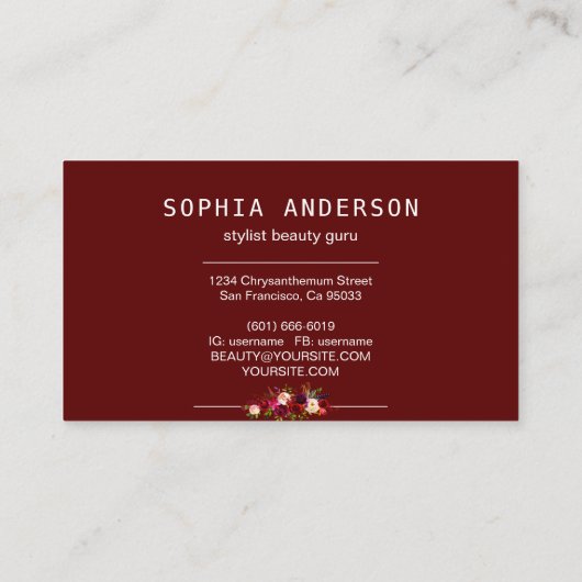 署名スクリプトおよびエレガントBurgundyフローラバラ  名刺 (裏面)