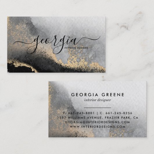署名スクリプト水彩黒金ゴールドグレー大理石 名刺 (正面/裏面)