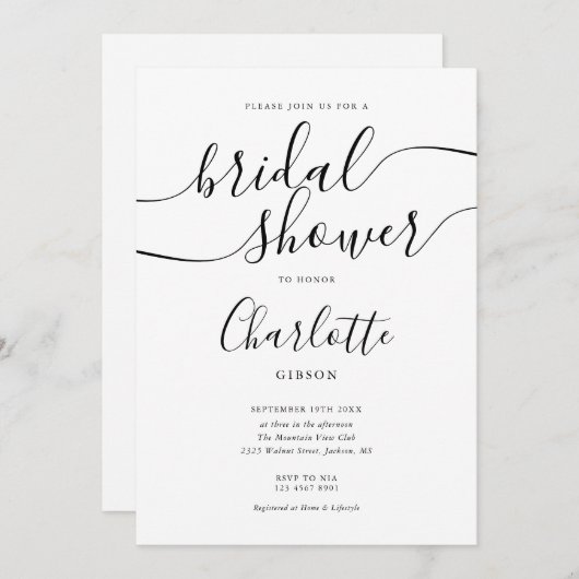 署名スクリプト白黒ブライダルシャワー 招待状 (正面/裏面)