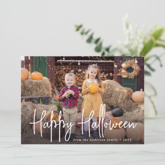 署名モダンスクリプトハッピーハローウィン写真 シーズンカード (スタンド正面)