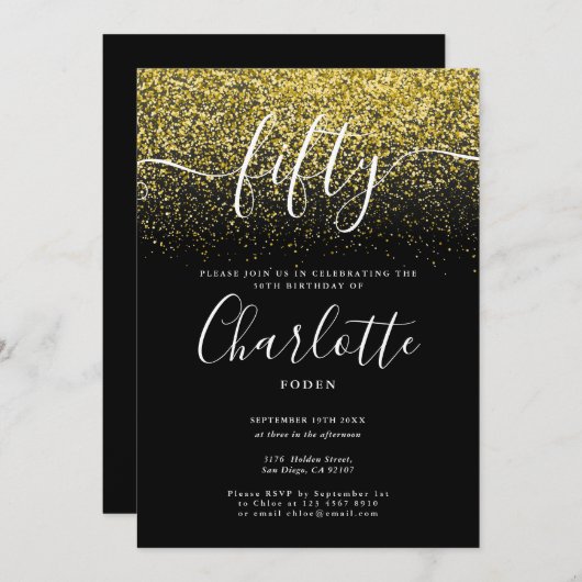 署名50番目の誕生日金ゴールドグリッター紙吹雪 招待状 (正面/裏面)