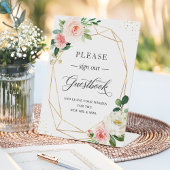 署名Ourゲストブッククラシー赤面ピンクフローラフレーム 台座サイン