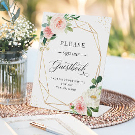 署名Ourゲストブッククラシー赤面ピンクフローラフレーム 台座サイン