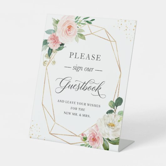 署名Ourゲストブッククラシー赤面ピンクフローラフレーム 台座サイン (正面)