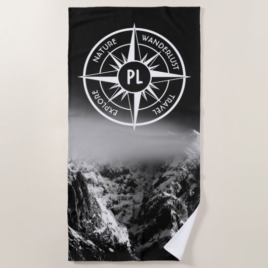 羅針星エンブレムモノグラムのドラマチックな山 ビーチタオル (正面)