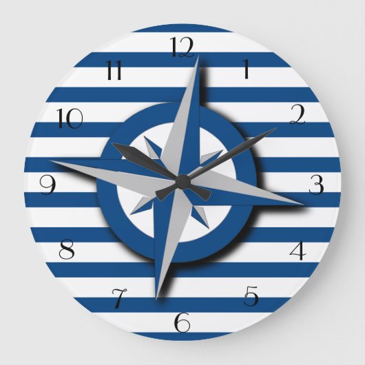 羅針盤とストライプのパ航海のターン ラージ壁時計 (正面)
