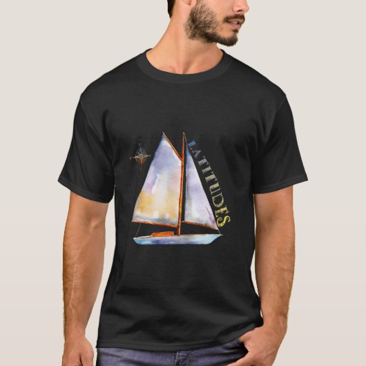 羅針盤と緯度サイ付き水彩帆船 Tシャツ (正面)