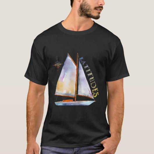 羅針盤と緯度サイ付き水彩帆船 Tシャツ (正面)