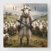 羊おもしろいのシェパードと羊の群れ スクエア壁時計 (正面)