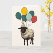 羊おもしろい誕生日カード – 風船付き可愛い子羊 カード (黄色い花)