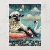 羊が白鳥と一緒に湖に浮かぶ ポストカード (正面)