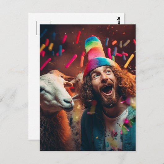 羊とイエスが楽しいカラフルな誕生日パーティーにいる ポストカード (正面/裏面)