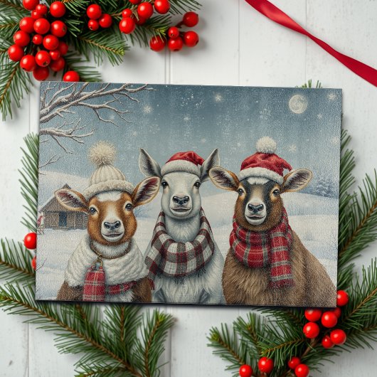 羊と小屋のある冬の風景 カッティングボード