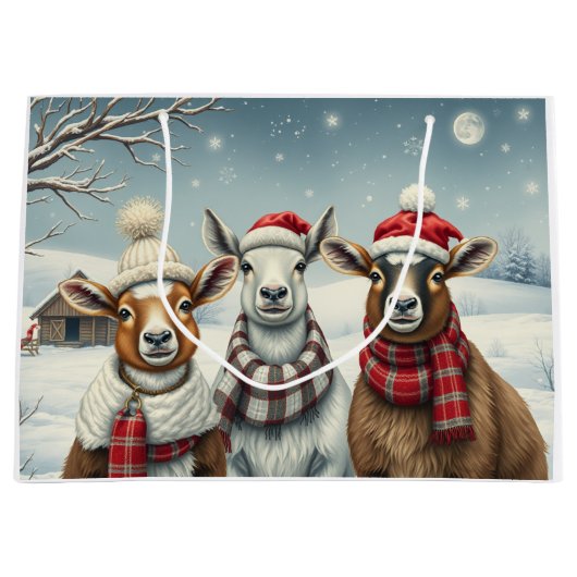 羊と小屋のある冬の風景 ラージペーパーバッグ (正面)