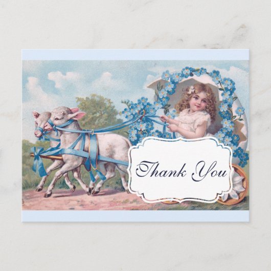 羊に引かれる馬車に乗った少女の感謝カード ヴィンテージ ポストカード (正面)