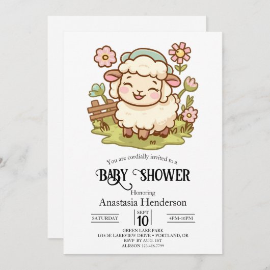 羊のかわいらし赤ちゃんシャワー 招待状 (正面/裏面)