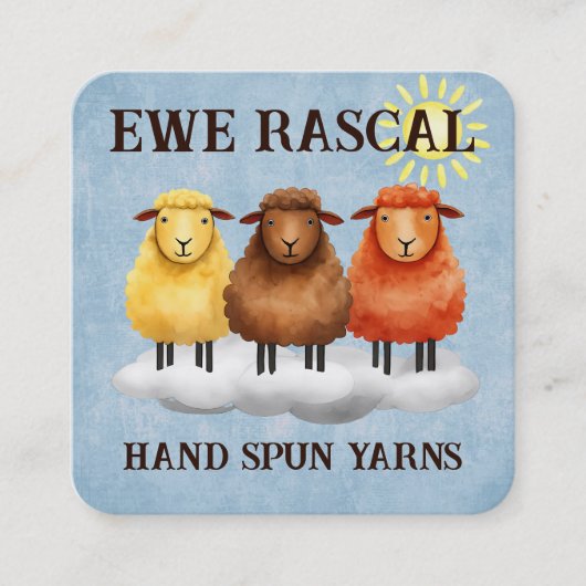 羊のカラフル編み物編み針編み手紡糸 スクエア名刺 (正面)