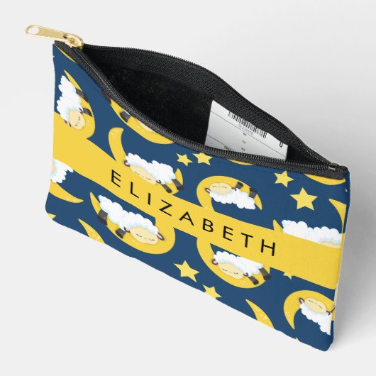 羊のパターン，眠っている羊，月，あなたの名前 アクセサリーポーチ (見開き)