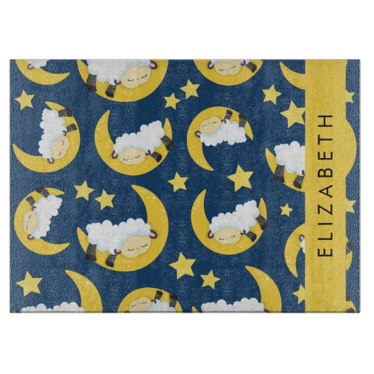 羊のパターン,眠っている羊,月,あなたの名前 カッティングボード (正面)