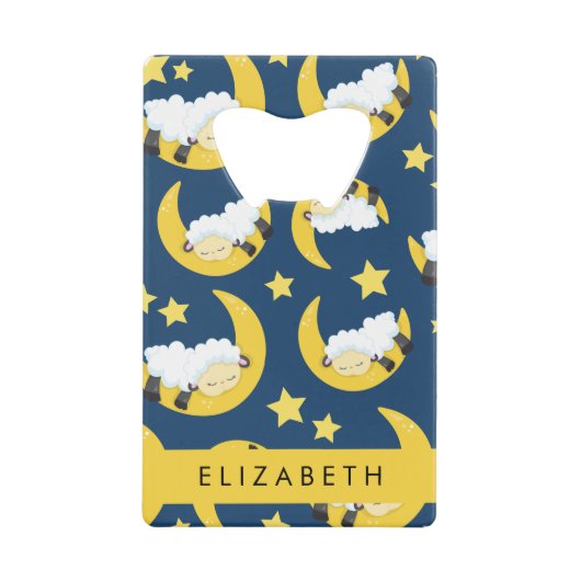 羊のパターン，眠っている羊，月，あなたの名前 クレジットカード栓抜き (正面)