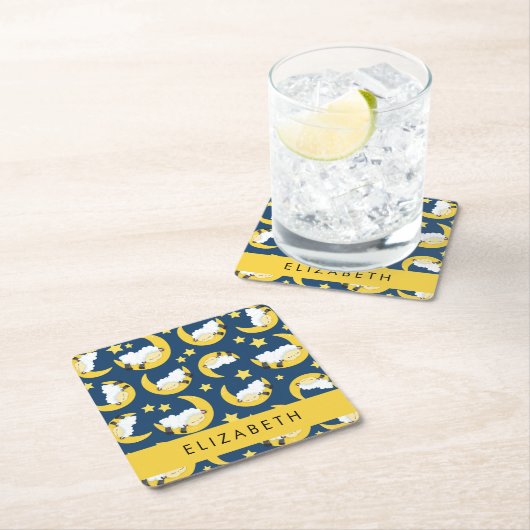 羊のパターン,眠っている羊,月,あなたの名前 スクエアペーパーコースター (インサイチュ)