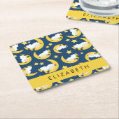 羊のパターン,眠っている羊,月,あなたの名前 スクエアペーパーコースター (アングル)