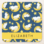 羊のパターン,眠っている羊,月,あなたの名前 スクエアペーパーコースター (正面)