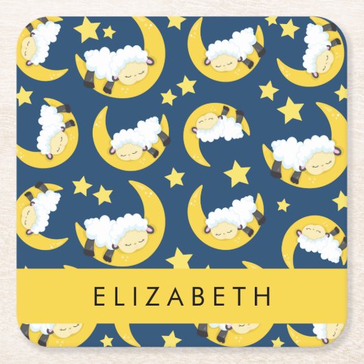 羊のパターン,眠っている羊,月,あなたの名前 スクエアペーパーコースター (正面)