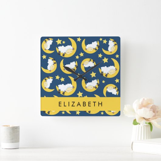 羊のパターン,眠っている羊,月,あなたの名前 スクエア壁時計 (ホーム)